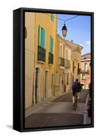Street with Cyclist, Old Town, Bouzigues, Thau Basin, Herault, Languedoc, France, Europe-Guy Thouvenin-Framed Stretched Canvas