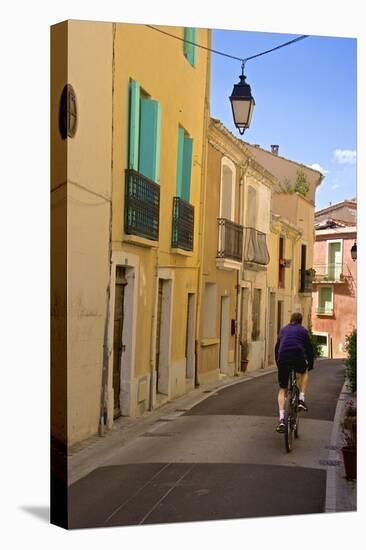 Street with Cyclist, Old Town, Bouzigues, Thau Basin, Herault, Languedoc, France, Europe-Guy Thouvenin-Stretched Canvas