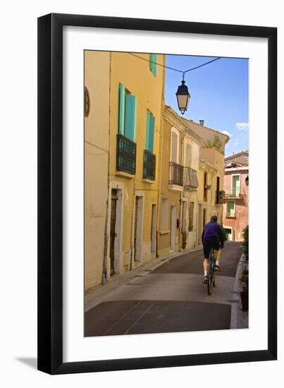 Street with Cyclist, Old Town, Bouzigues, Thau Basin, Herault, Languedoc, France, Europe-Guy Thouvenin-Framed Photographic Print