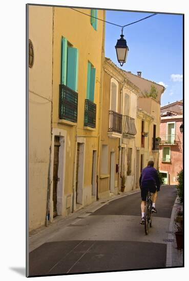 Street with Cyclist, Old Town, Bouzigues, Thau Basin, Herault, Languedoc, France, Europe-Guy Thouvenin-Mounted Photographic Print