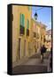 Street with Cyclist, Old Town, Bouzigues, Thau Basin, Herault, Languedoc, France, Europe-Guy Thouvenin-Framed Stretched Canvas