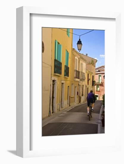 Street with Cyclist, Old Town, Bouzigues, Thau Basin, Herault, Languedoc, France, Europe-Guy Thouvenin-Framed Photographic Print