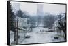 Street with Nuclear Cooling Towers in Background-null-Framed Stretched Canvas