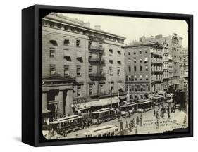 Streetcars outside the Astor House Hotel-W.J. Roege-Framed Stretched Canvas