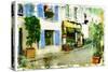 Streets of Old Montmartre (Paris)- Watercolor Style-Maugli-l-Stretched Canvas