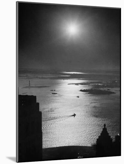 Strikebound Port of New York, Several Tug Boats Steaming across Usually Busy Bay Past Ellis Island-Andreas Feininger-Mounted Photographic Print