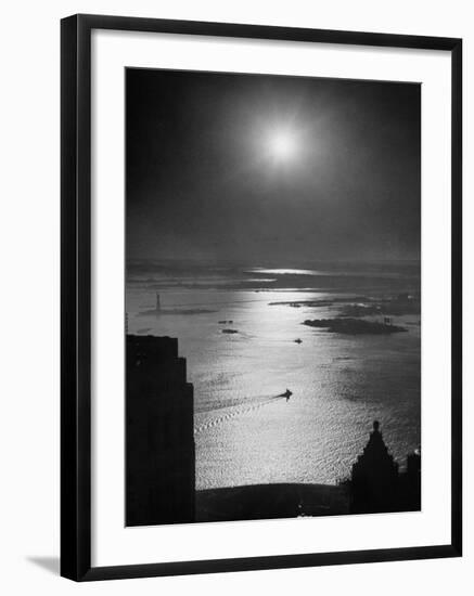 Strikebound Port of New York, Several Tug Boats Steaming across Usually Busy Bay Past Ellis Island-Andreas Feininger-Framed Photographic Print