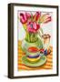 Striped Cup with Saucer, Vase and Tulips-Joan Thewsey-Framed Giclee Print