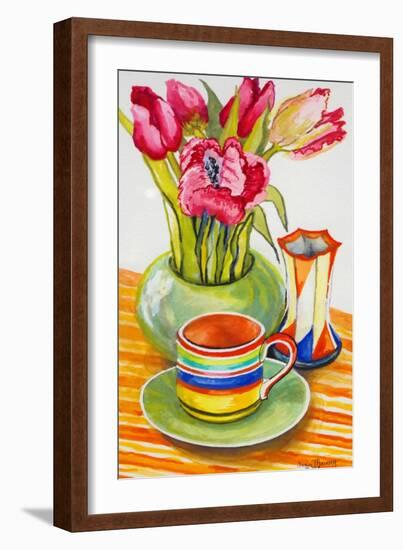 Striped Cup with Saucer, Vase and Tulips-Joan Thewsey-Framed Giclee Print