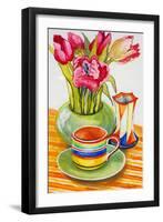 Striped Cup with Saucer, Vase and Tulips-Joan Thewsey-Framed Giclee Print