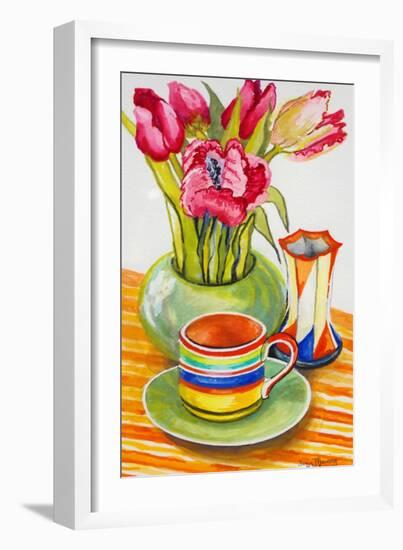 Striped Cup with Saucer, Vase and Tulips-Joan Thewsey-Framed Giclee Print