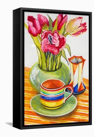 Striped Cup with Saucer, Vase and Tulips-Joan Thewsey-Framed Stretched Canvas