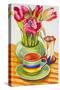 Striped Cup with Saucer, Vase and Tulips-Joan Thewsey-Stretched Canvas