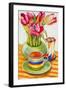 Striped Cup with Saucer, Vase and Tulips-Joan Thewsey-Framed Giclee Print