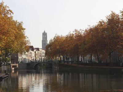 The Dom Tower and Canal Waterway on a Sunny Autumn Day, Utrecht, Utrecht Province, Netherlands, Eur