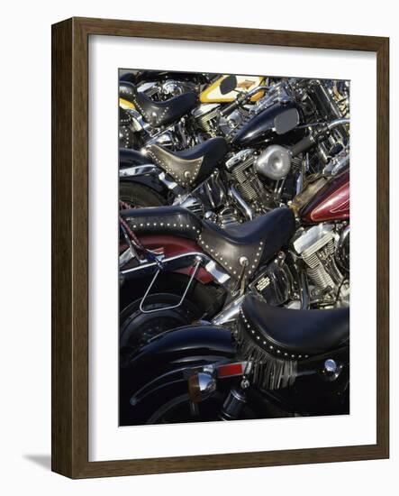 Studded Leather Bike Seats-null-Framed Photographic Print