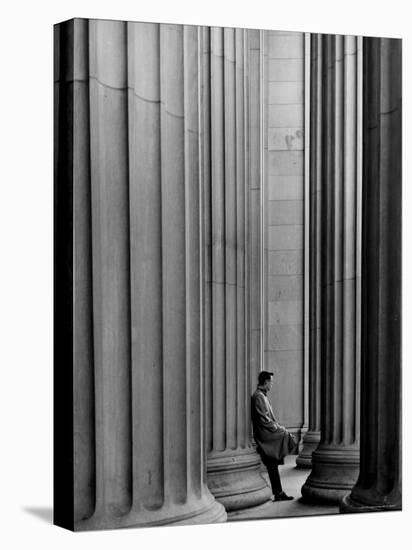 Student Leaning Against Ionic Columns at Entrance of Main Building at MIT-Gjon Mili-Stretched Canvas