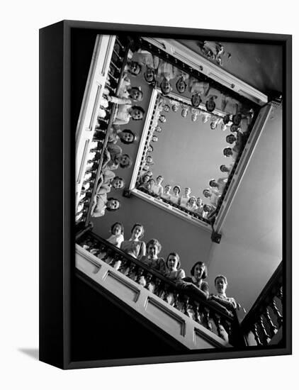 Student Nurses Lining the Railings of Stairwell at Roosevelt Hospital-Alfred Eisenstaedt-Framed Stretched Canvas