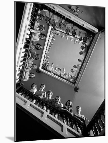 Student Nurses Lining the Railings of Stairwell at Roosevelt Hospital-Alfred Eisenstaedt-Mounted Photographic Print