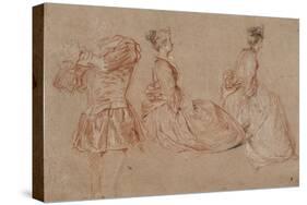 Studies of a Flute-Player and Two Women, 1717-Jean-Antoine Watteau-Stretched Canvas