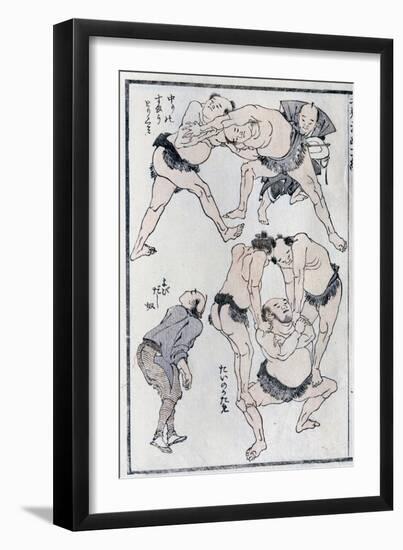 Studies of Gestures and Postures of Wrestlers, from a Manga (Colour Woodblock Print)-Katsushika Hokusai-Framed Giclee Print