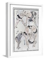 Studies of Gestures and Postures of Wrestlers, from a Manga (Colour Woodblock Print)-Katsushika Hokusai-Framed Giclee Print