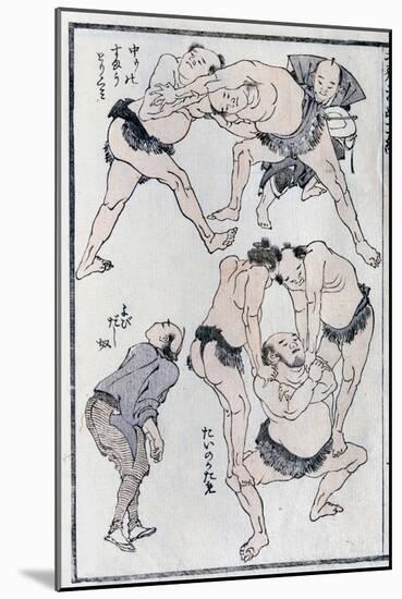 Studies of Gestures and Postures of Wrestlers, from a Manga (Colour Woodblock Print)-Katsushika Hokusai-Mounted Giclee Print