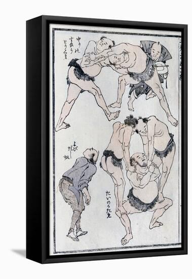 Studies of Gestures and Postures of Wrestlers, from a Manga (Colour Woodblock Print)-Katsushika Hokusai-Framed Stretched Canvas