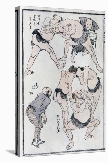 Studies of Gestures and Postures of Wrestlers, from a Manga (Colour Woodblock Print)-Katsushika Hokusai-Stretched Canvas