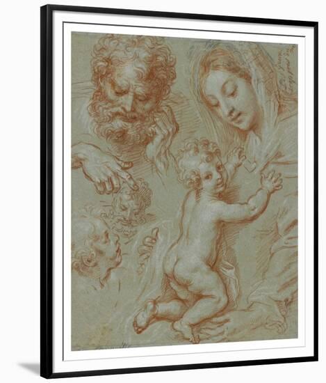 Studies of the Madonna and Child and of Heads (recto); Madonna and Child with Saint John Seated in -Michel Corneille-Framed Art Print