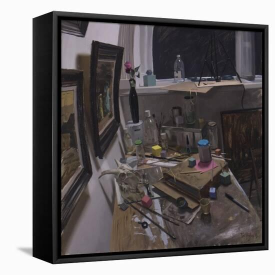 Studio Corner with Pink Rose and Cubes-Tom Hughes-Framed Stretched Canvas