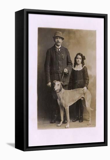 Studio Portrait, Father and Daughter with Greyhound-null-Framed Stretched Canvas