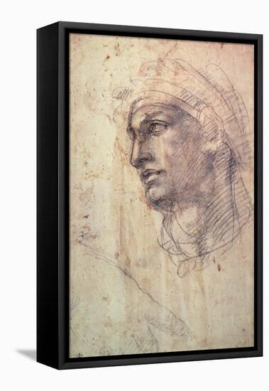 Study of a Head (Charcoal) Inv.1895/9/15/498 (W.1)-Michelangelo Buonarroti-Framed Stretched Canvas