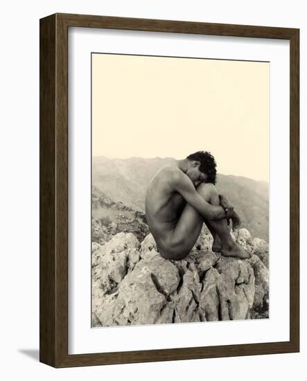 Study of a Male Nude on a Rock, Taormina, Sicily, C.1900-Wilhelm Von Gloeden-Framed Photographic Print