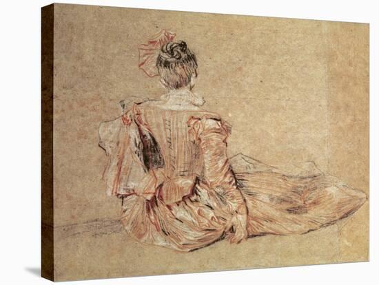 Study of a Woman Seen from the Back, 1716-18 (Chalk on Paper)-Jean Antoine Watteau-Stretched Canvas