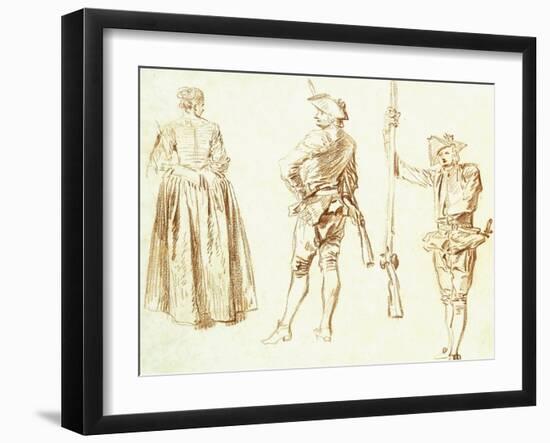 Study of a Young Woman and Two Huntsmen, C.1712-13-Jean Antoine Watteau-Framed Giclee Print