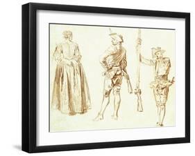 Study of a Young Woman and Two Huntsmen, C.1712-13-Jean Antoine Watteau-Framed Giclee Print