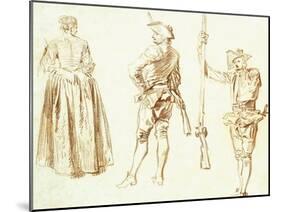 Study of a Young Woman and Two Huntsmen, C.1712-13-Jean Antoine Watteau-Mounted Giclee Print