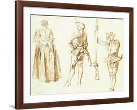 Study of a Young Woman and Two Huntsmen, C.1712-13-Jean Antoine Watteau-Framed Giclee Print