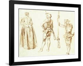 Study of a Young Woman and Two Huntsmen, C.1712-13-Jean Antoine Watteau-Framed Giclee Print