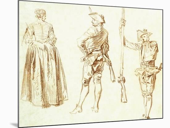 Study of a Young Woman and Two Huntsmen, C.1712-13-Jean Antoine Watteau-Mounted Giclee Print