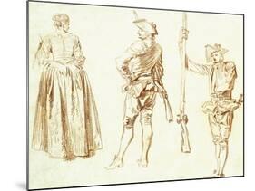 Study of a Young Woman and Two Huntsmen, C.1712-13-Jean Antoine Watteau-Mounted Giclee Print