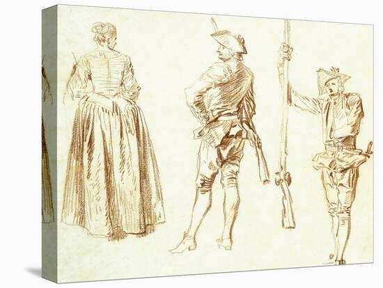 Study of a Young Woman and Two Huntsmen, C.1712-13-Jean Antoine Watteau-Stretched Canvas