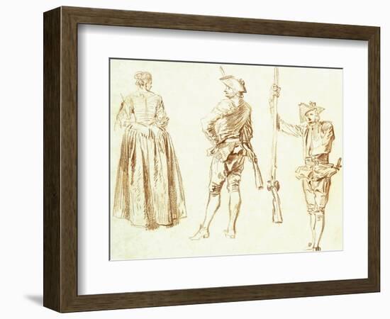 Study of a Young Woman and Two Huntsmen, C.1712-13-Jean Antoine Watteau-Framed Giclee Print