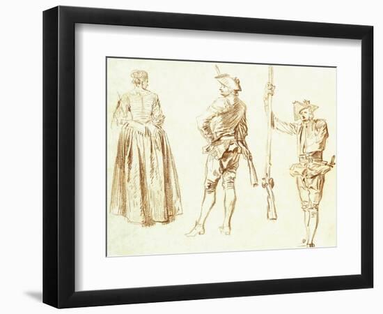 Study of a Young Woman and Two Huntsmen, C.1712-13-Jean Antoine Watteau-Framed Giclee Print