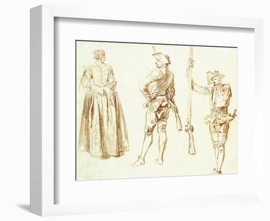 Study of a Young Woman and Two Huntsmen, C.1712-13-Jean Antoine Watteau-Framed Giclee Print