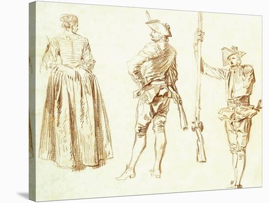 Study of a Young Woman and Two Huntsmen, C.1712-13-Jean Antoine Watteau-Stretched Canvas
