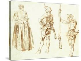 Study of a Young Woman and Two Huntsmen, C.1712-13-Jean Antoine Watteau-Stretched Canvas