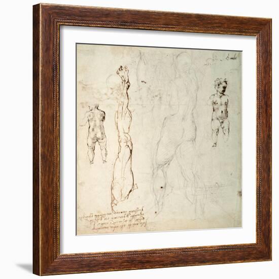 Study of the Christ Child and an Anatomical Drawing with Notes-Michelangelo Buonarroti-Framed Giclee Print