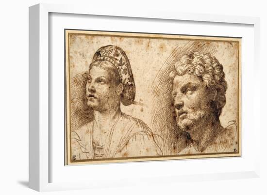 Study of the Head and Shoulders of a Young Woman Wearing a Balza, and of the Head of a Bearded Man-Domenico Campagnola-Framed Giclee Print